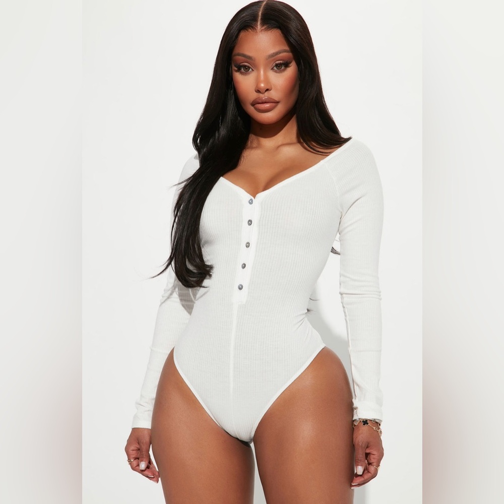 Hazel Ribbed Henley Bodysuit - White
